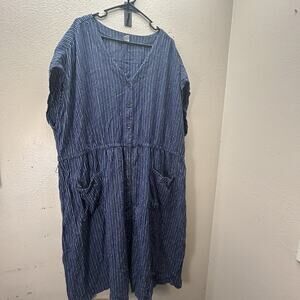 Old Navy Women's Linen Blend‎ Striped Dress Short Sleeves MIDI Pockets Casual